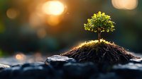 Young sapling growing from soil mound against golden sunset bokeh background, symbolizing growth, new beginnings, and environmental sustainability.