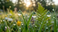 Morning dew drops cling to fresh green grass blades in sunlit garden, creating nature's jewels for spring and summer backgrounds.