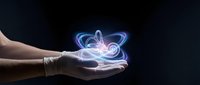 Glowing neon holographic car floating above open palm against dark background. Futuristic automotive technology concept for digital innovation presentations.