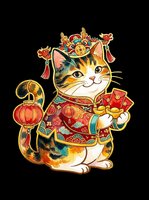 Maneki-neko lucky cat with traditional Asian ornaments, red robes, and gold accents isolated on transparent background. Ready for t-shirts, stickers, clipart, sublimation, and print-on-demand designs.