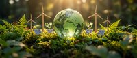 Green glass globe surrounded by miniature wind turbines and solar panels on moss with ferns, symbolizing renewable energy and environmental sustainability.