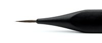 Fine detail paintbrush with black ergonomic handle and sharp pointed tip, isolated on white background, ready for design use.