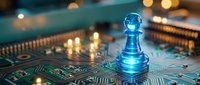 Glowing blue chess pawn piece on electronic circuit board with warm bokeh lights representing strategic technology planning and digital transformation.