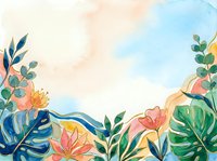 Watercolor tropical floral border with monstera leaves, exotic flowers, and pastel sky, creating a fresh summer botanical frame with copy space.
