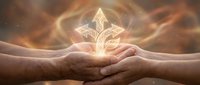 Two hands holding glowing spiritual symbol with warm light energy, representing healing, spirituality, and connection for wellness and meditation concepts.