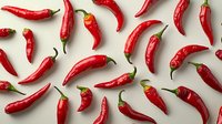 Fresh red chili peppers scattered on white background, vibrant pattern of spicy pods with green stems, isolated food ingredients for cooking and seasoning.