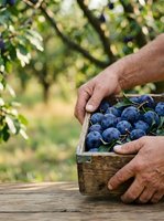 Farmer's hands holding wooden crate filled with fresh blueberries in orchard garden, harvesting ripe berries for agriculture and food production.