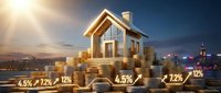 Residential house model surrounded by stacked gold coins with percentage symbols, representing property investment, mortgage rates, and real estate financial growth against cityscape backdrop.