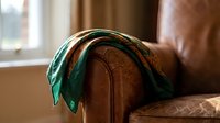 Green silk scarf draped over brown leather armchair in warm sunlit living room interior for home decor and luxury lifestyle concepts.