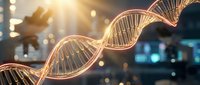 Glowing DNA double helix structure with golden light against blurred laboratory background, representing genetic research, biotechnology, and scientific innovation for medical and educational use.