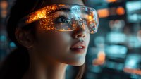Young Asian woman wearing futuristic smart glasses with holographic data display and orange digital interface reflections against blurred city lights background.