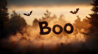 Spooky Halloween forest scene with "Boo" text and flying bats silhouetted against misty orange sunset backdrop, creating eerie atmosphere for seasonal designs.