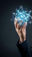 Hand holding glowing digital network globe with interconnected nodes and lines, representing global connectivity, data exchange, technology innovation, and business communication solutions.