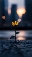 Single yellow flower growing through concrete at sunset with urban bokeh background, symbolizing hope, resilience and perseverance in adversity.