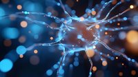 Glowing neuron cell with synaptic connections on dark background with bokeh lights, showing neural network activity and brain cell communication in blue tones.