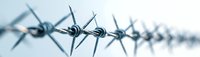 Sharp barbed wire fence closeup with selective focus creating depth perspective, metallic thorns on blurred background for security and boundary concepts.