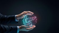 Businessman hands protecting glowing digital globe with network connections representing global business technology and data security concepts.