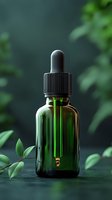 Green glass dropper bottle with essential oil against dark background, surrounded by fresh leaves. Natural skincare and aromatherapy concept.