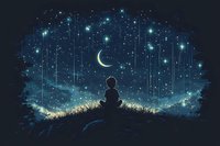 Silhouette of child sitting alone on hilltop under crescent moon and starry night sky with glowing fireflies creating magical dreamy atmosphere in dark blue colors.