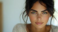 Young brunette woman with striking blue eyes and natural makeup looking directly at camera in soft lighting for beauty and lifestyle content.