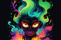 Mystical female portrait with glowing eyes and flowing rainbow hair against dark background, featuring vibrant neon colors and ethereal smoke effects.