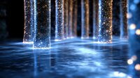 Magical glowing light pillars rising from reflective water surface with sparkling particles and bokeh effects create mystical atmosphere in dark blue setting.