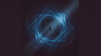 Silhouette of person floating in center of glowing blue geometric portal with swirling energy lines against dark background, representing digital transformation and innovation.