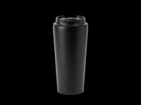 Black insulated travel tumbler with flip lid isolated on transparent background, ready for t-shirt design, clipart, stickers, and print-on-demand products.