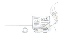 Professional businessman analyzing financial data and charts on laptop computer while working at office desk with coffee cup in minimalist line art style.