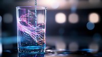 Glowing pink liquid streams swirl in clear glass with water drops against dark background with bokeh lights, creating magical luminescent effect.