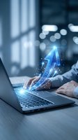 Businessman hands typing on laptop with glowing blue arrow and digital particles showing business growth and success in modern office environment.