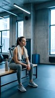 Young athletic woman resting on bench after workout in modern industrial gym with concrete walls and large windows. Fitness lifestyle concept.