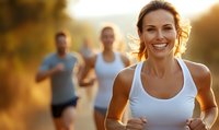 Smiling Caucasian woman jogging at sunset with friends in background, promoting active lifestyle and outdoor fitness activities.