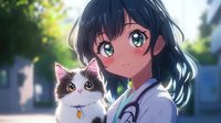 Young Asian anime girl in medical coat holding fluffy bicolor cat with blue eyes, soft bokeh background creates dreamy atmosphere in manga style artwork.