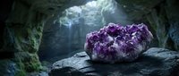 Purple amethyst crystal cluster on stone ledge in mystical cave with natural light streaming through opening creating magical underground atmosphere.