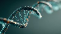 DNA double helix structure with glowing particles for genetic research, biotechnology and molecular biology concepts in medical science education.