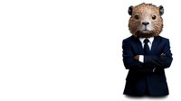 Anthropomorphic beaver wearing business suit and tie with crossed arms, isolated on white background for creative commercial designs and advertising concepts.
