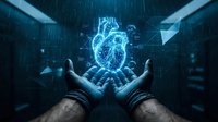Hands holding glowing digital heart with circuit patterns in futuristic medical interface environment, representing cardiology, healthcare technology, and heart disease awareness.