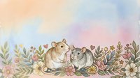 Two adorable hamsters sitting among colorful floral border with leaves and flowers in watercolor style for greeting cards and decorations.