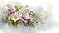 Delicate watercolor floral arrangement with pink and white blooms against a soft textured background with subtle script elements.