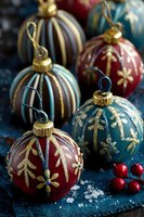 Elegant Christmas ornaments with gold patterns on red and teal backgrounds, arranged on dark blue fabric with cranberries and snow flakes.