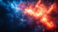 Spectacular fireworks display in night sky with vibrant red and blue colors illuminating dark clouds, creating dramatic contrast and celebratory atmosphere.