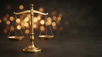 Golden scales of justice on dark wooden surface with warm bokeh lights background symbolizing law and legal system.