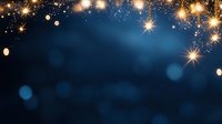 Festive golden lights and sparkles on deep blue background with bokeh effect, creating magical holiday atmosphere for celebrations.