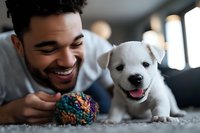 Young African American man playing with adorable white puppy and colorful toy on carpet, creating joyful bonding moment at home.