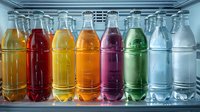 Colorful assortment of carbonated soft drinks in plastic bottles on refrigerator shelf, perfect for beverage industry, food service, and retail marketing designs.