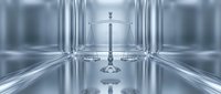 Scales of justice in modern glass corridor symbolizing law, legal system, fairness, and equality in contemporary courtroom and business environments.
