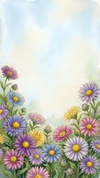 Watercolor aster flowers border frame with soft pastel colors on textured paper background for greeting cards and invitations.