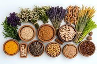 Assorted organic grains, legumes, herbs and spices in wooden bowls on white background. Natural ingredients for healthy cooking and alternative medicine.