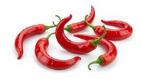 Red hot chili peppers with green stems arranged on white background. Fresh spicy ingredients for cooking, seasoning, and culinary use.